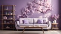 a living room with a couch and a coffee table Minimalist interior Lounge with Lavender color theme