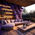 a living room with a couch and a coffee table Modern interior Patio with Lavender color theme