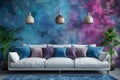 a living room with a couch and a colorful wall mural