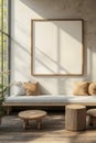 A living room with a couch, ottomans and a large picture frame on the wall