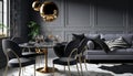 a living room with a couch, table and chairs and a chandelier hanging from the ceiling over a marble table with gold accents. Royalty Free Stock Photo