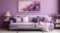 a living room with a couch and a table Minimalist interior Lounge with Lavender color theme