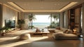 A living room with a couch , table , television and a view of the ocean
