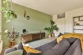 a living room with green walls and a gray couch Royalty Free Stock Photo