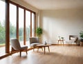 Living room with cozy grey sofa in a loft style interior with potted Cozy bright