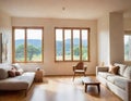 Living room with cozy grey sofa in a loft style interior with potted Cozy bright