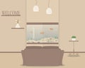 Living room with cute fish tank.Aquarium with fish as design element for interior of sitting room,office,waiting area for visitors Royalty Free Stock Photo