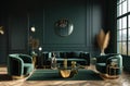 living room in dark green color with gold decor Royalty Free Stock Photo