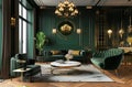 living room in dark green color with gold decor Royalty Free Stock Photo