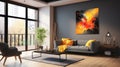 Living room with dark wall, sofa, striking yellow pillows, 3d abstract painting in red and gold