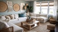 Living room decor, home interior design . Coastal Bohemian style Royalty Free Stock Photo