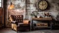 Living room decor, home interior design . Industrial Rustic style Royalty Free Stock Photo