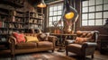 Living room decor, home interior design . Industrial Rustic style Royalty Free Stock Photo