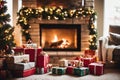 Living room decorated for Christmas with fireplace, Christmas tree and xmas ornaments. Royalty Free Stock Photo