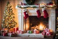 Living room decorated for Christmas with fireplace, Christmas tree and xmas ornaments. Royalty Free Stock Photo