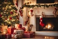 Living room decorated for Christmas with fireplace, Christmas tree and xmas ornaments. Royalty Free Stock Photo
