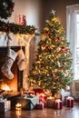 Living room decorated for Christmas with fireplace, Christmas tree and xmas ornaments. Royalty Free Stock Photo