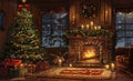 Living room decorated for Christmas with fireplace and tree Royalty Free Stock Photo