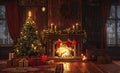 Living room decorated for Christmas with fireplace and tree Royalty Free Stock Photo