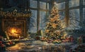 Living room decorated for Christmas with fireplace and tree Royalty Free Stock Photo