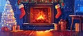 a living room decorated for christmas with a fireplace , christmas tree , stockings and presents Royalty Free Stock Photo