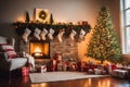 Living room decorated for Christmas with fireplace, Christmas tree and xmas ornaments. Royalty Free Stock Photo