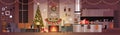 Living Room Decorated For Christmas And New Year Horizontal Banner Pine Tree , Fireplace And Garlands Holidays Home Royalty Free Stock Photo