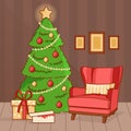 A living room decorated for Christmas and New Year. A red armchair near the Christmas tree with gifts. Royalty Free Stock Photo