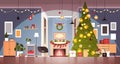 Living room with decorated fir tree and garlands for new year christmas holidays celebration concept Royalty Free Stock Photo