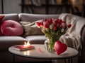 living room decorated with heart shaped balloons for romantic party