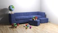 Living room with denim blue couch and some toys and a globe - 3D rendering illustration