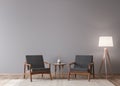 Living room design with empty wall mockup, two wooden chairs on white wall