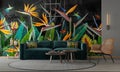 Living room design with hand-drawn wall paintings of birds of paradise plants and flowers, wood flooring, Royalty Free Stock Photo