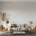 Living room design with sofa and armchairs in front of the white brick wall  wall mockup Royalty Free Stock Photo