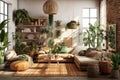 Living room designed with sustainable and eco-friendly materials, organic textiles, and earthy color palettes to promote a healthy