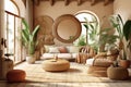Living room designed with sustainable and eco-friendly materials, organic textiles, and earthy color palettes to promote a healthy