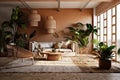 Living room designed with sustainable and eco-friendly materials, organic textiles, and earthy color palettes to promote a healthy