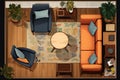 Living room with desk, sofa and other furniture view from above. Casual interior top view. Royalty Free Stock Photo