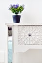 Living room detail design stylish luxury furniture floral ornate carving art of bedside table violet natural flower potted plant o