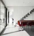 Living room detail with poltra and red sofa, cantilevered staircase, and there are stools at the bottom Royalty Free Stock Photo