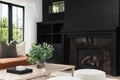 A living room detail shot with a black built-in and fireplace.