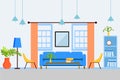 Living room and dining room with furniture and long shadows. Flat style vector illustration