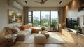 The living room features earthy tones, embracing beauty of natural elements