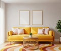 A living room features a yellow couch with striped cushions. There are two blank frames on the wall. Royalty Free Stock Photo