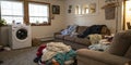 Interior of living room with dryer and dirty laundry on sofas Royalty Free Stock Photo