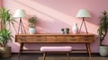 Property features pink walls, wooden desk, lamps, potted plants , generated by AI Royalty Free Stock Photo