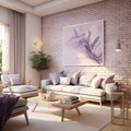 a living room filled with furniture and a brick wall Minimalist interior Living Room with Lavender