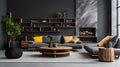 a living room filled with furniture and a fire place Coastal interior Living Room with Charcoal Gray Royalty Free Stock Photo