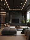 Living room interior filled with contemporary style furniture and bar in burgundy dark colors and tones Generative AI