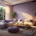 a living room filled with furniture and a large window Minimalist interior Living Room with Lavender